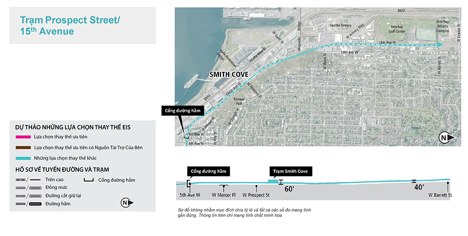 Bản đồ và hồ sơ của Trạm Ga Prospect Street/Lựa Chọn Thay Thế Trạm Ga 15th Avenue trong đoạn Interbay phía Nam (Smith Cove) hiển thị tuyến đường và độ cao được đề xuất. Xem nội dung mô tả ở trên để biết thêm chi tiết. Nhấp để phóng to.